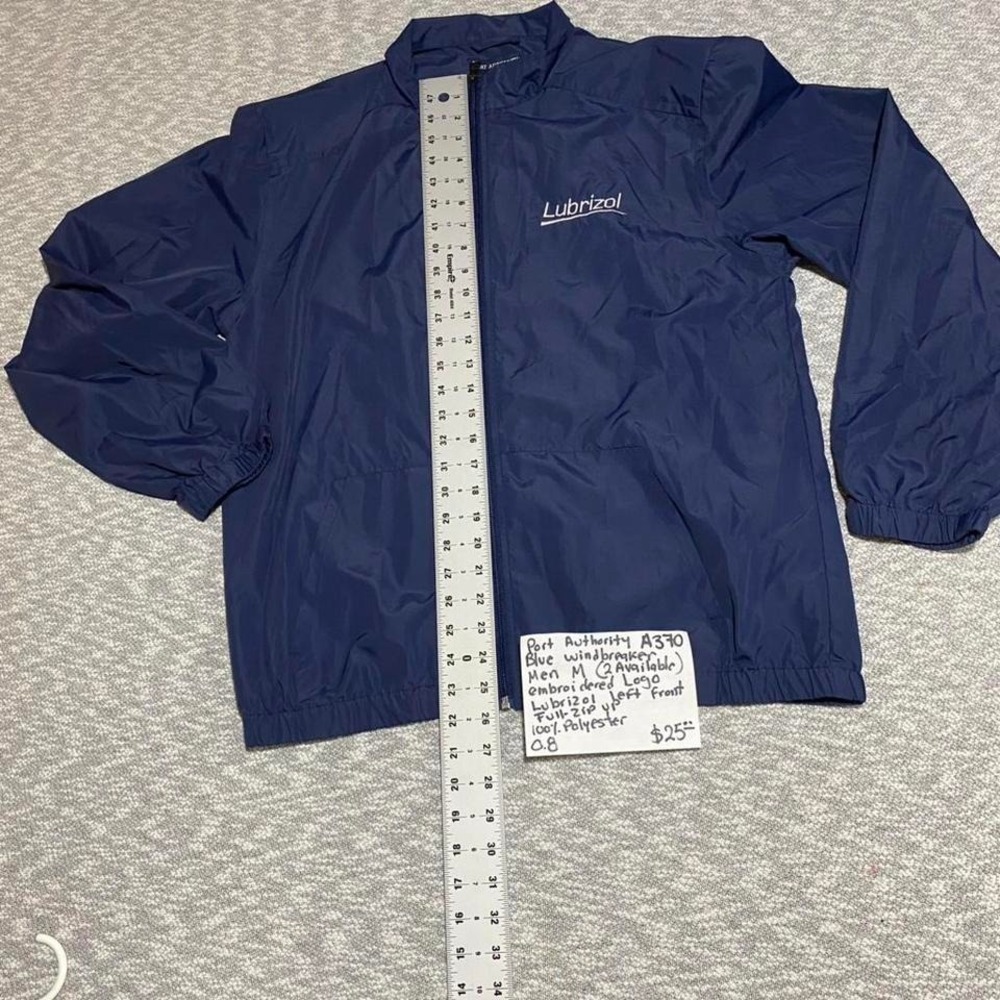 Port Authority blue windbreaker jacket logo Lubrizol left front Size M. SKU-A370